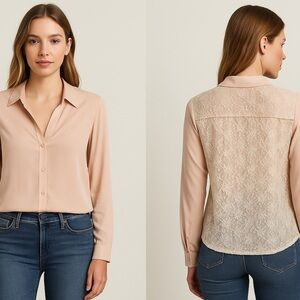 Forever 21 Womens Small Blouse Pink Back Floral Lace Sheer Long Sleeve